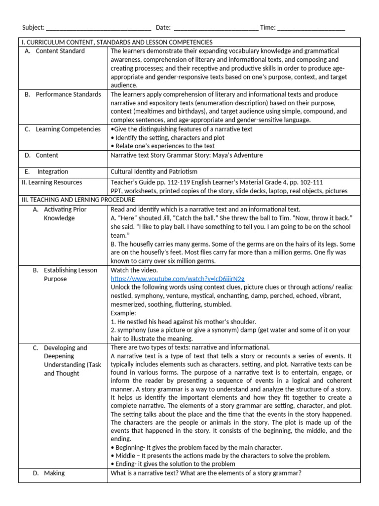Narrative Text and Story Grammar Guide | PDF | Reading Comprehension ...