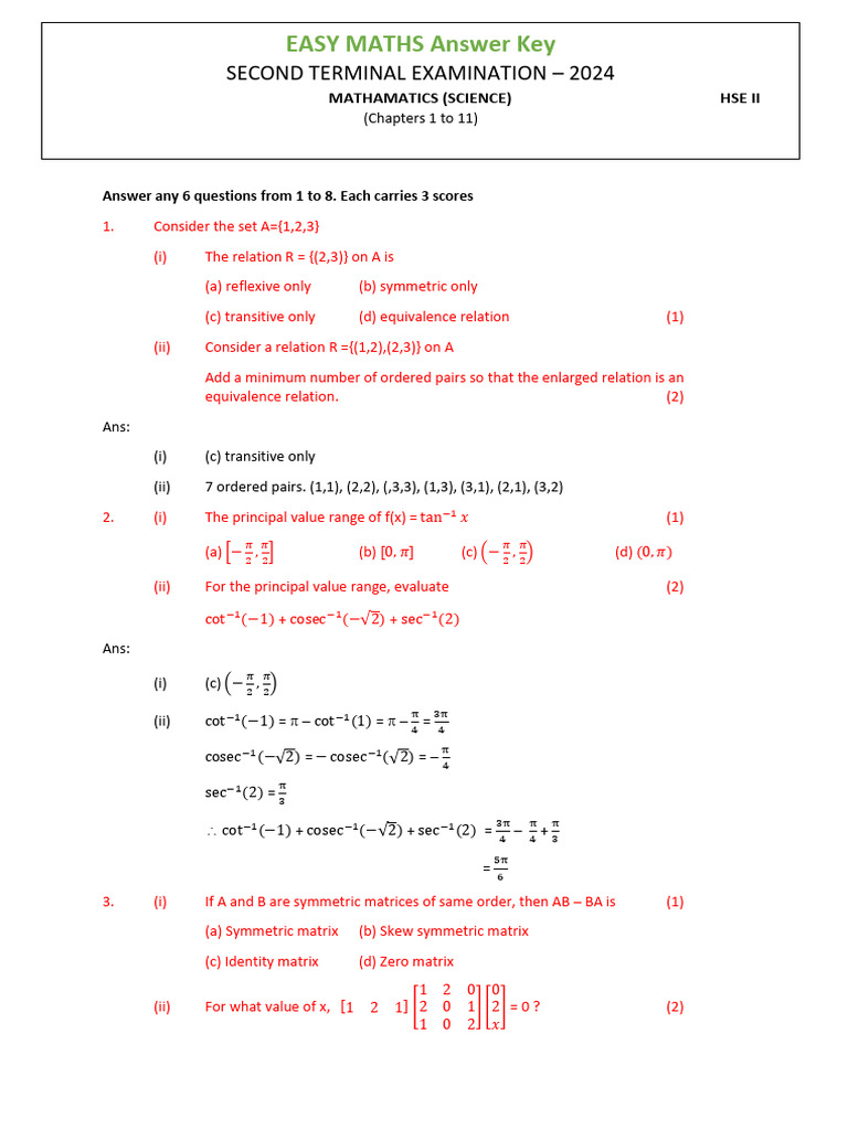 Mathematics Exam Questions and Answers | PDF | Linear Algebra | Algebra