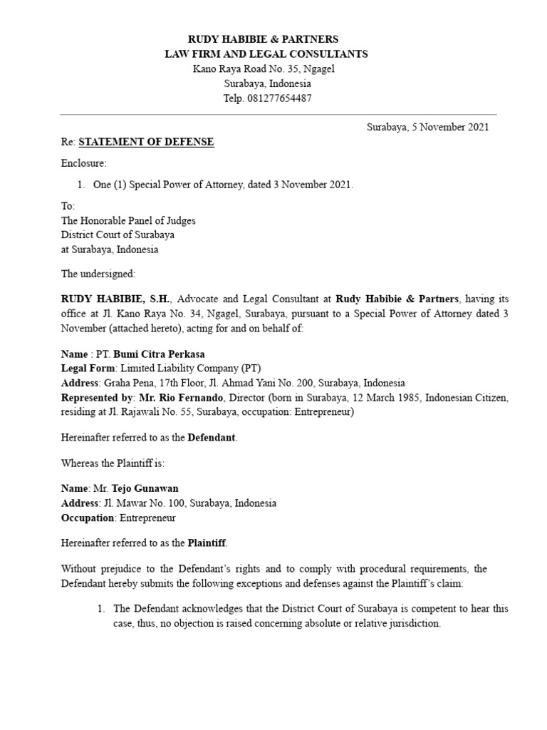Statement of Defense | PDF | Power Of Attorney | Lawyer