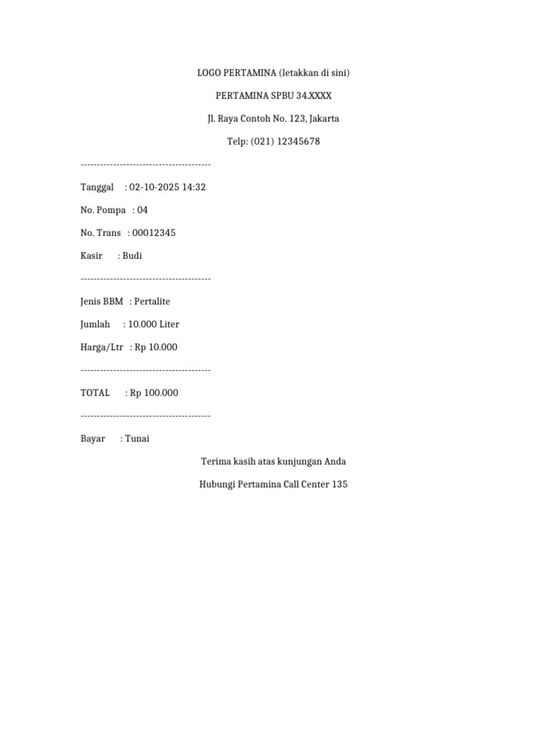 Template Struk SPBU Pertamina 2025 | PDF