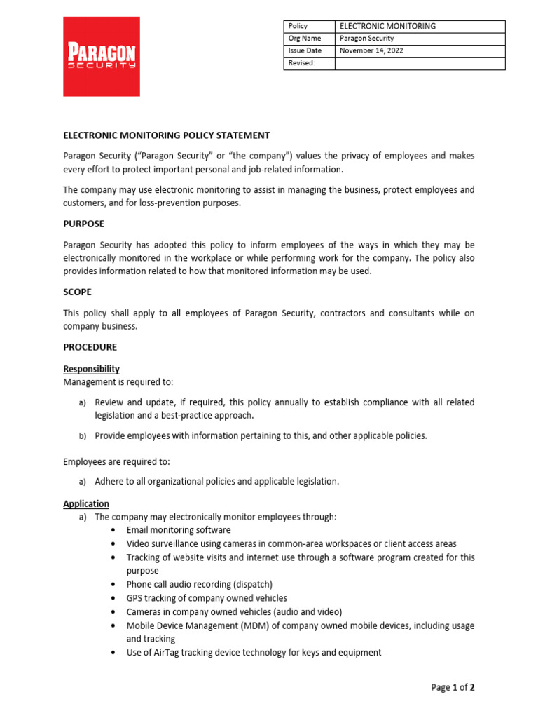 Paragon Security Electronic Monitoring Policy | PDF | Business | Computing