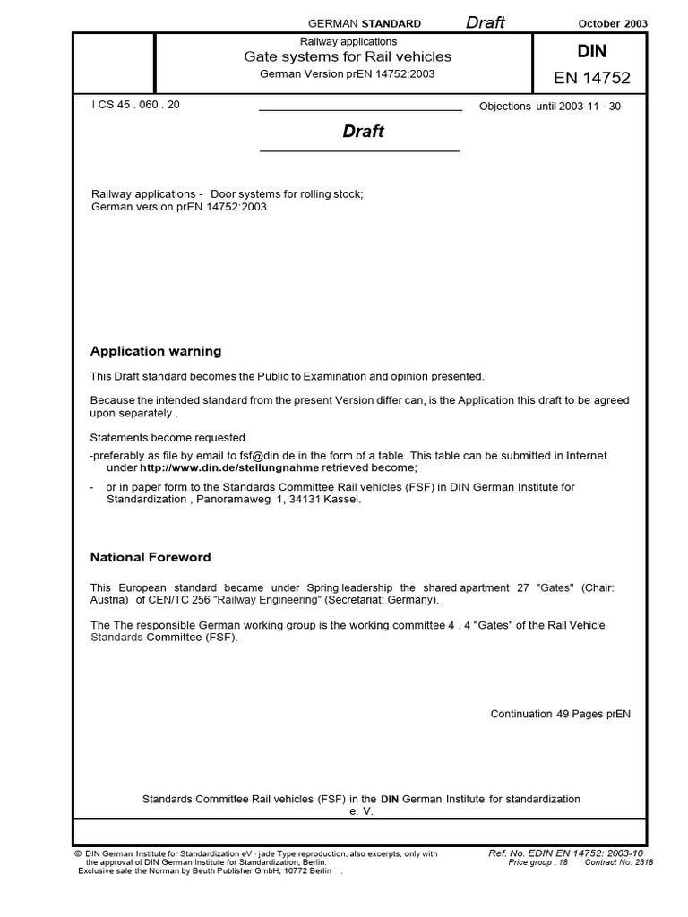 Draft Standard prEN 14752:2003 | PDF | Rail Transport | Door