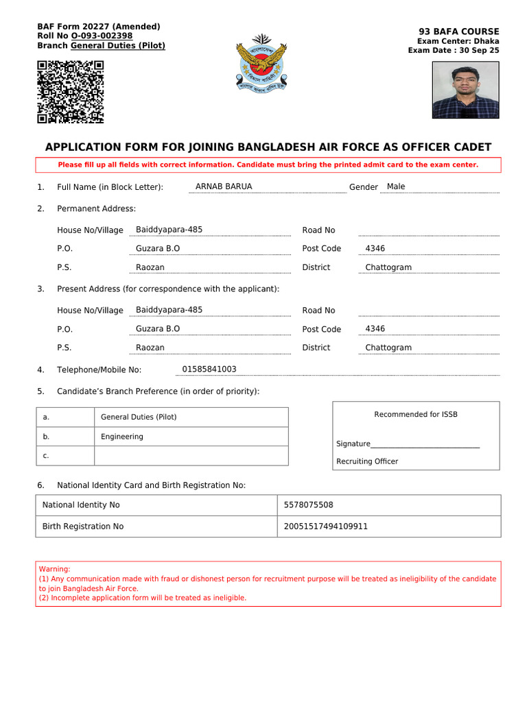 BAF Officer Cadet Application 2023 | PDF