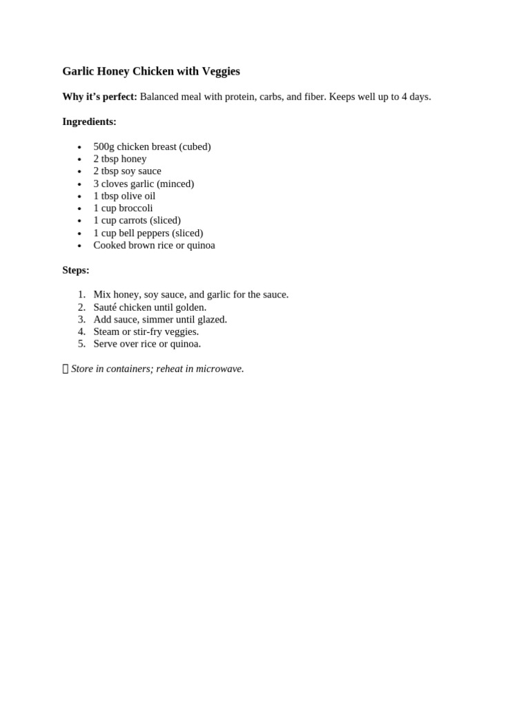 Garlic Honey Chicken With Veggies | PDF
