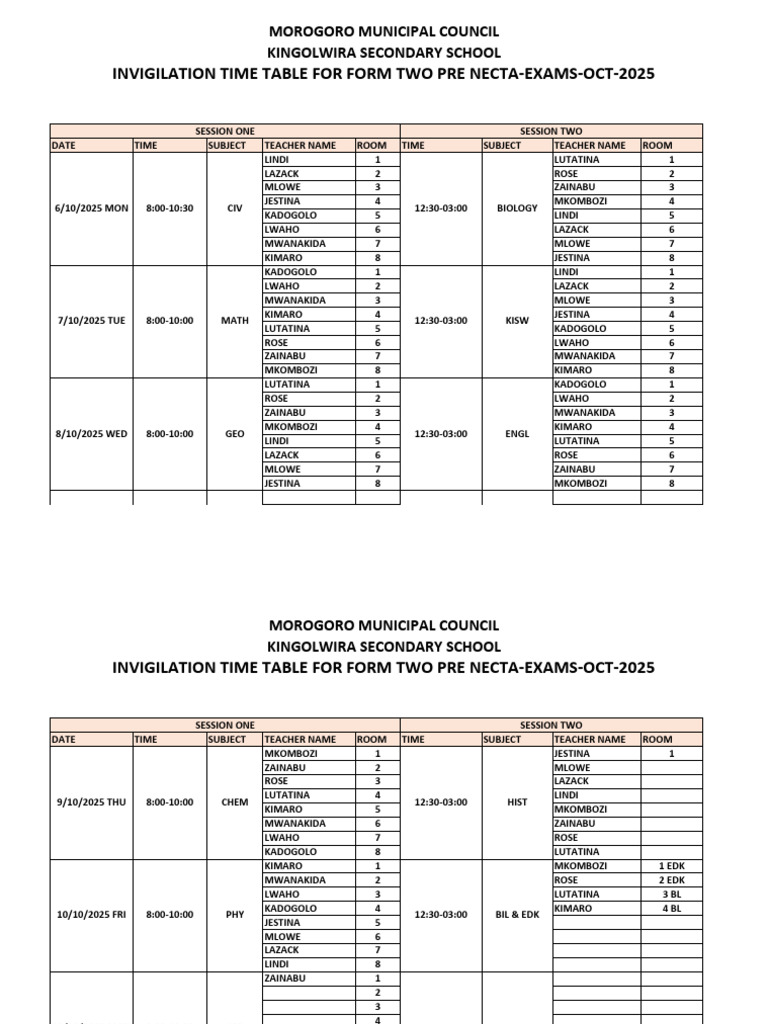 Form Two NECTA Timetable 2025 | PDF