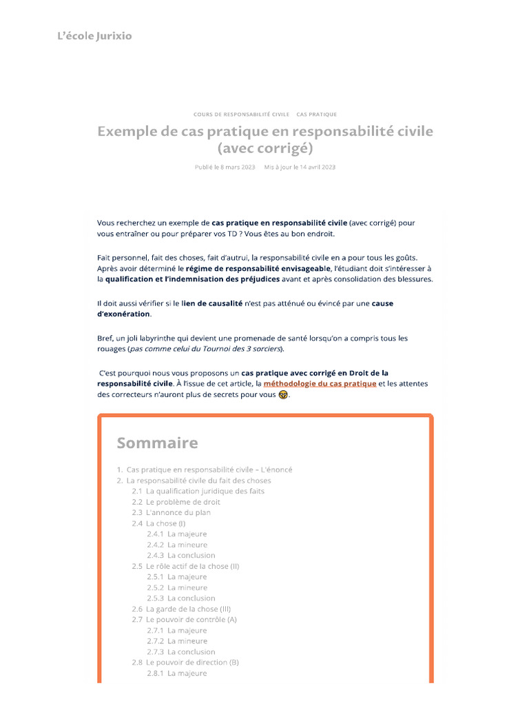 Exemple de Cas Pratique en Responsabilité Civile (Avec Corrigé ...