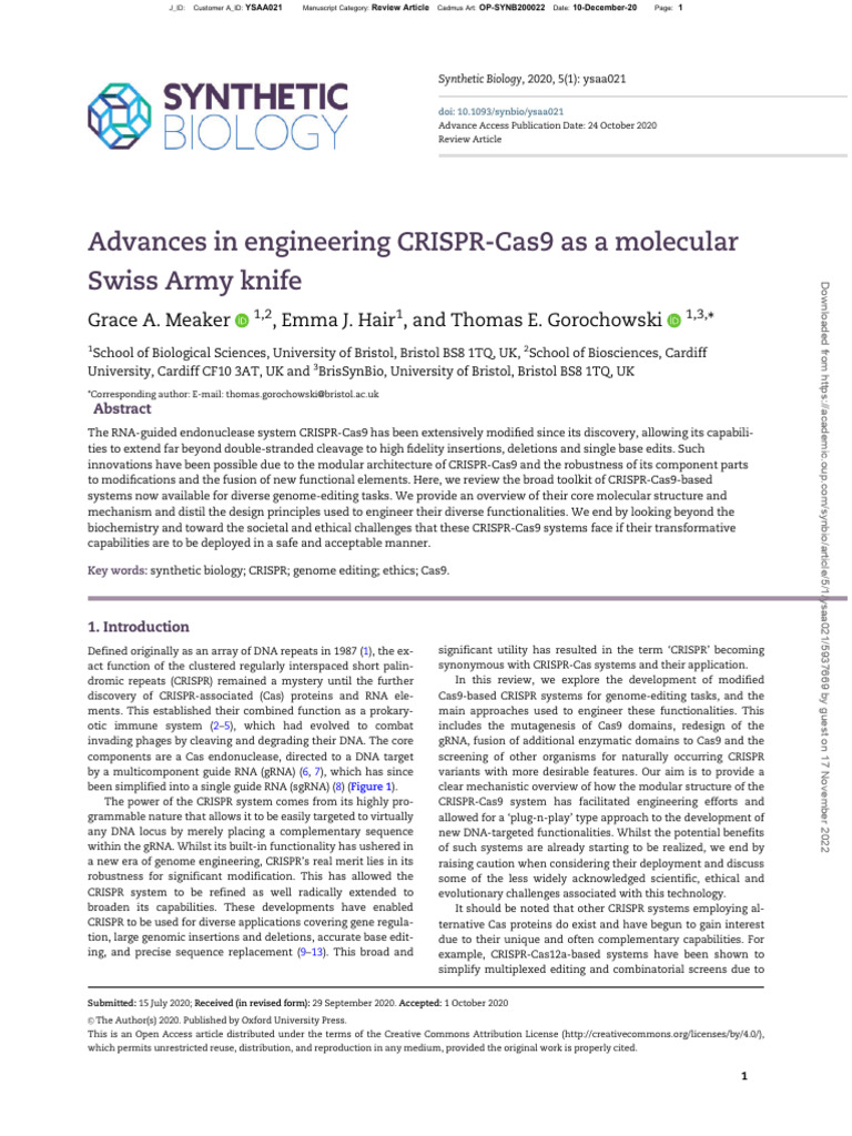 Engineering CRISPR-Cas9 for Genome Editing | PDF | Crispr | Nucleic Acids