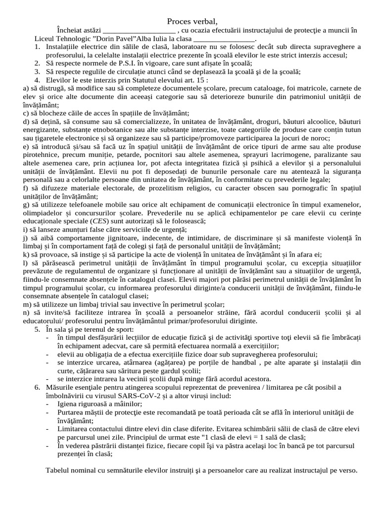 Proces Verbal - Instructaj S.S.M. Elevi | PDF