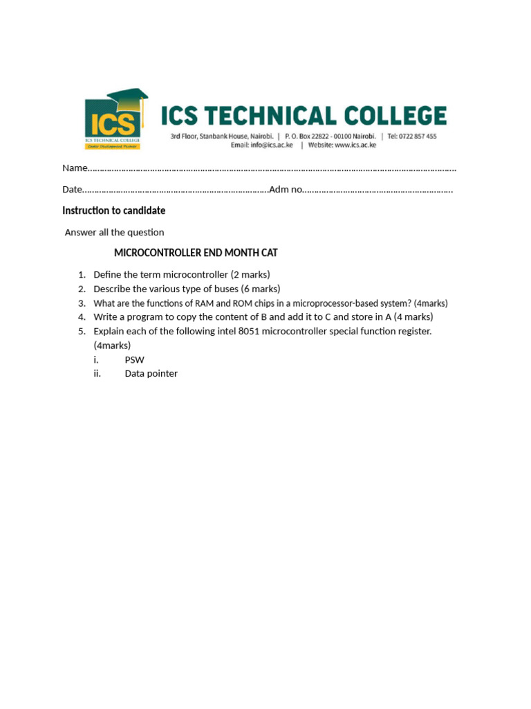 Microcontroller Exam Questions and Answers | PDF