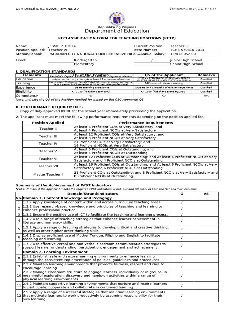 Teacher VI Reclassification Form 2025 | PDF | Learning | Educational ...