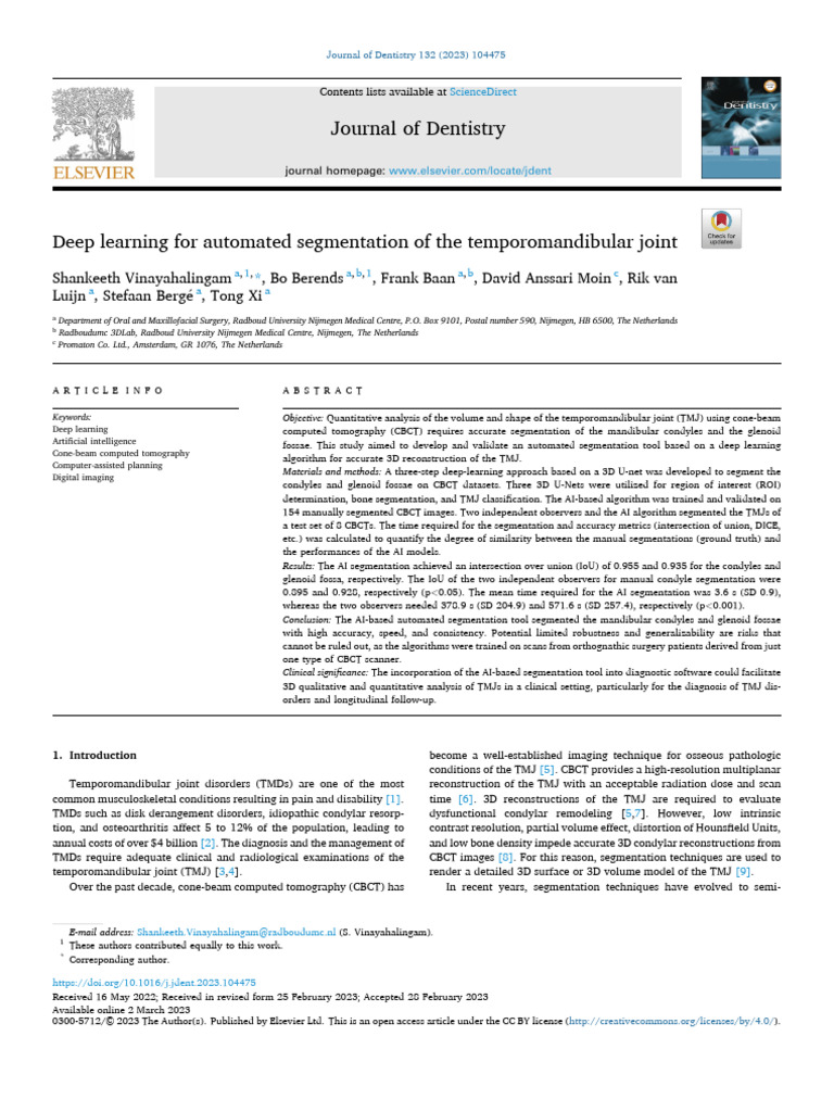 Deep Learning For Automated Segmentation of The Temporomandibular Joint ...
