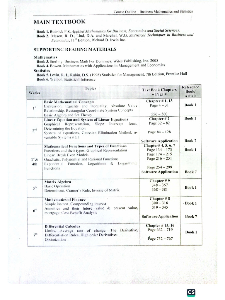 Course Outline Business Mathematics and Statistics | PDF