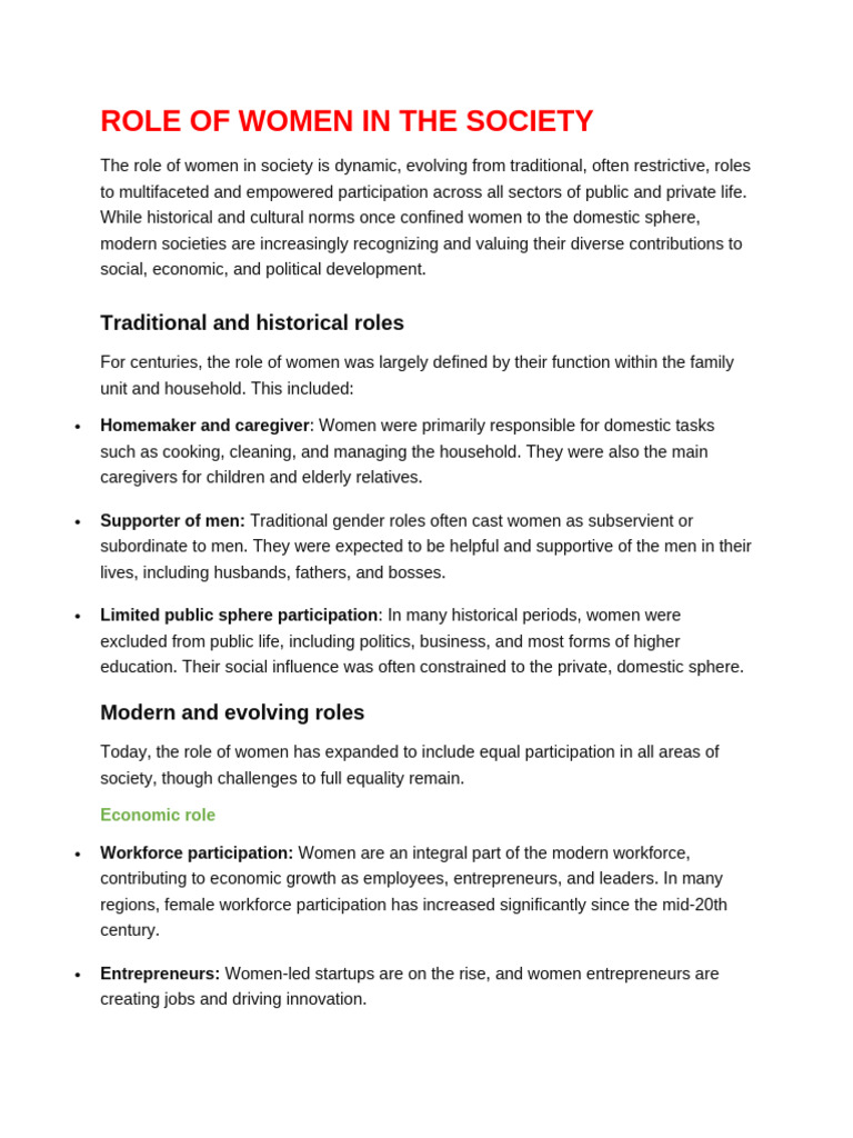 Evolving Roles of Women in Society | PDF | Gender Role | Woman