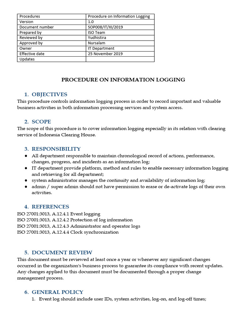 Information Logging Procedure SOP | PDF | Information | Access Control
