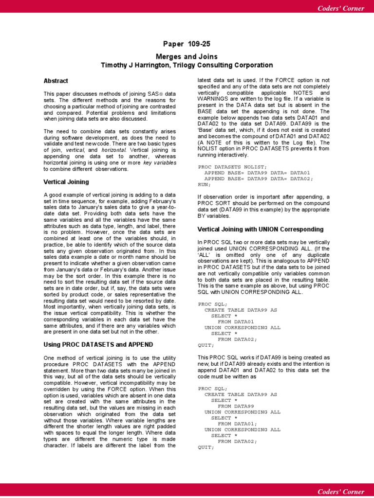 SAS Data Set Merging & Joining Guide | PDF