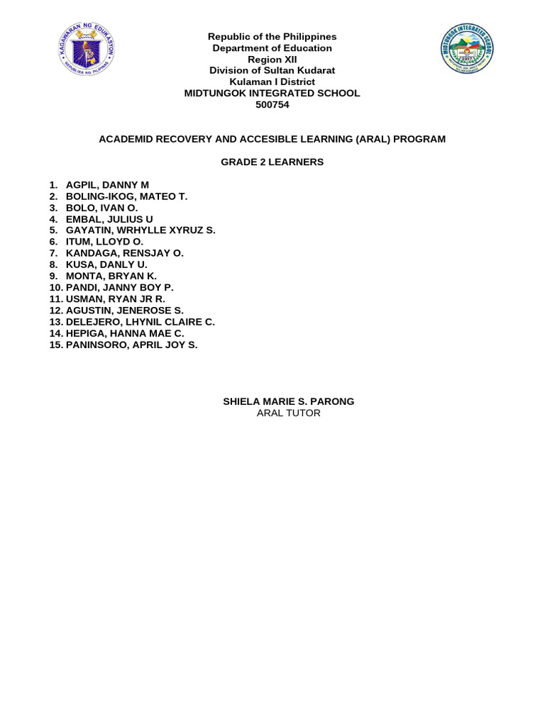 ARAL Program for Grade 2 Learners | PDF