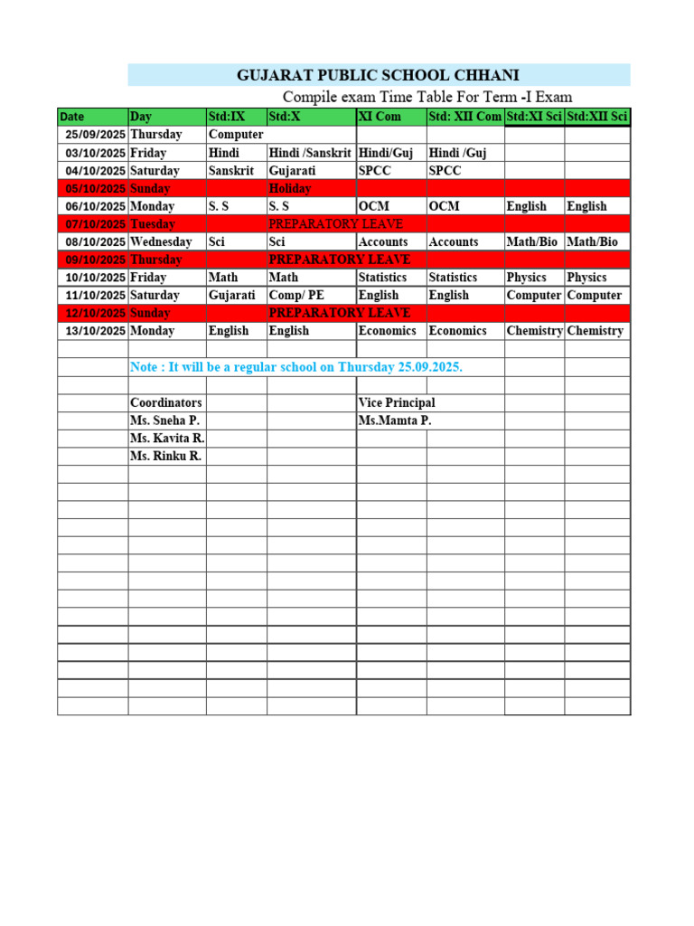 Term I Time Table 2025 Final | PDF