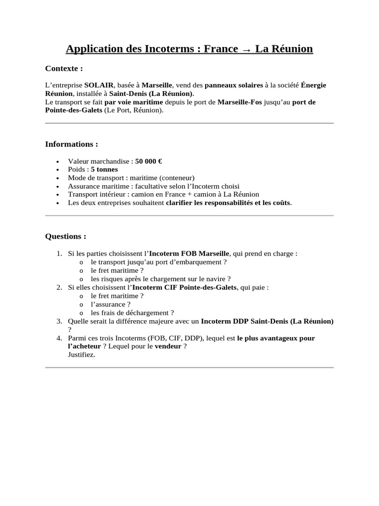 Incoterms : Analyse pour France-La Réunion | PDF | Commerce | Business