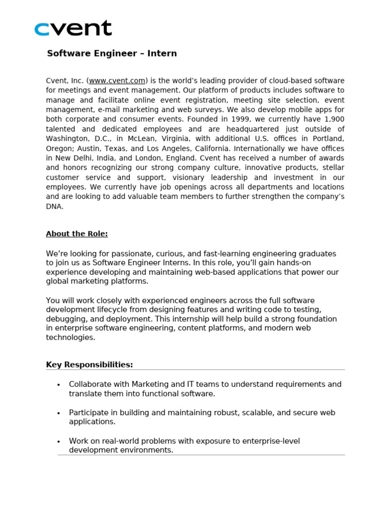 Software Engineer Internship at Cvent | PDF | Web Development ...