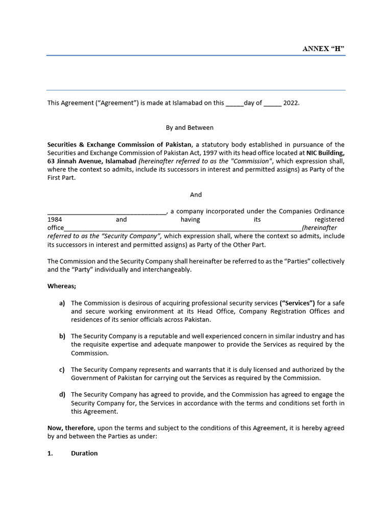 Annex H Sample Agreement With Most Advantgeous Bidder Hiring of ...