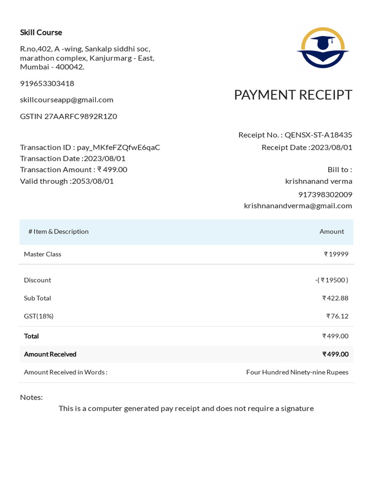 Payment Receipt for Skill Course Master Class | PDF