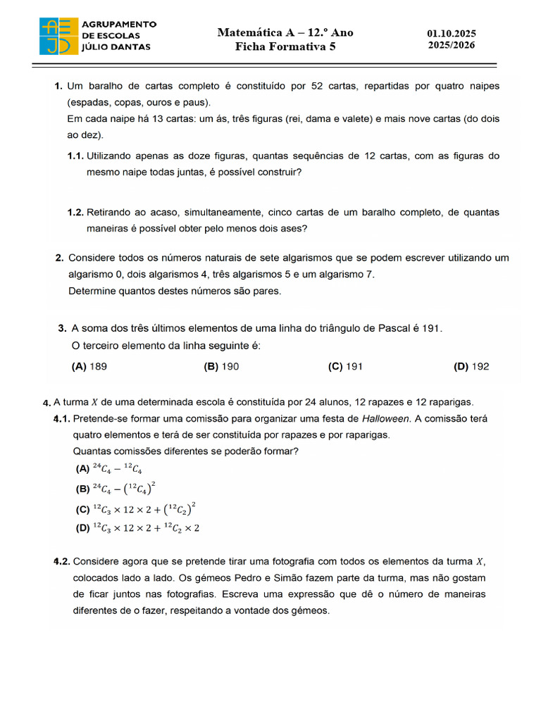 Ficha Formativa Matemática A 12.º Ano | PDF