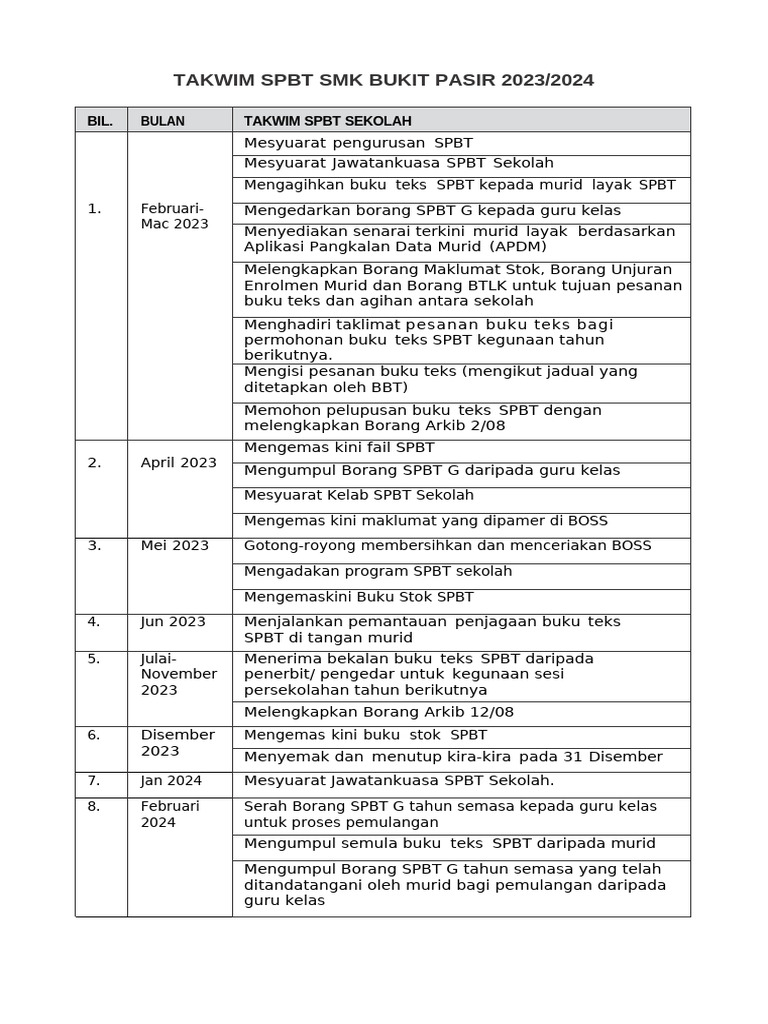 Takwim SPBT 2023 2024 PDF Free | PDF