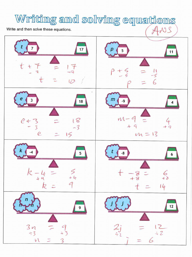 Algebra Equations Solve Balanced Scales Write Simple ANS | PDF