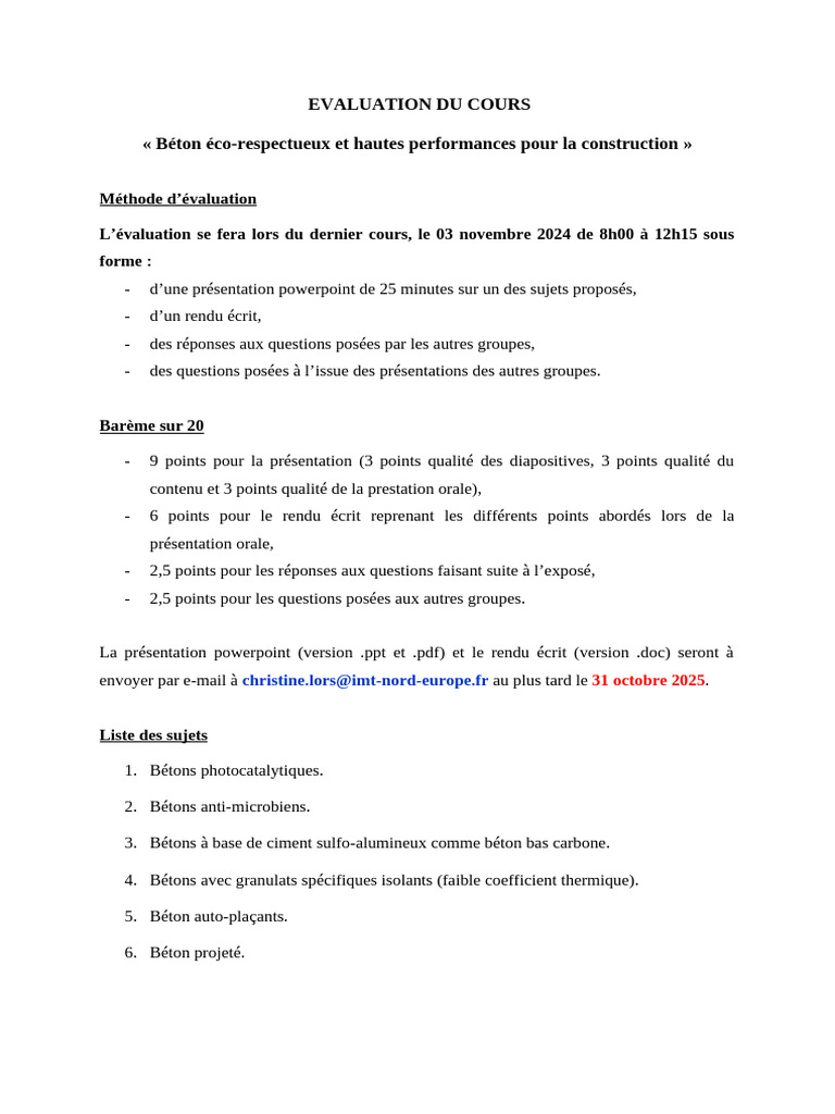 Évaluation du cours sur le béton éco-respectueux | PDF