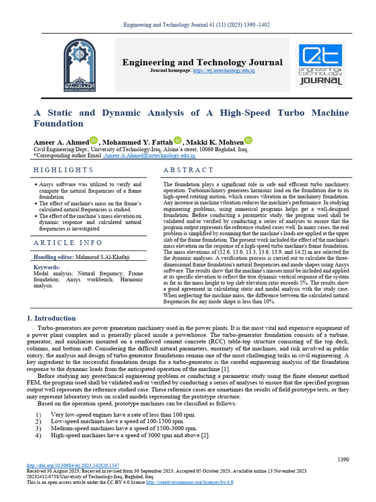 A Static and Dynamic Analysis of A High-Speed Turbo Machine Foundation ...