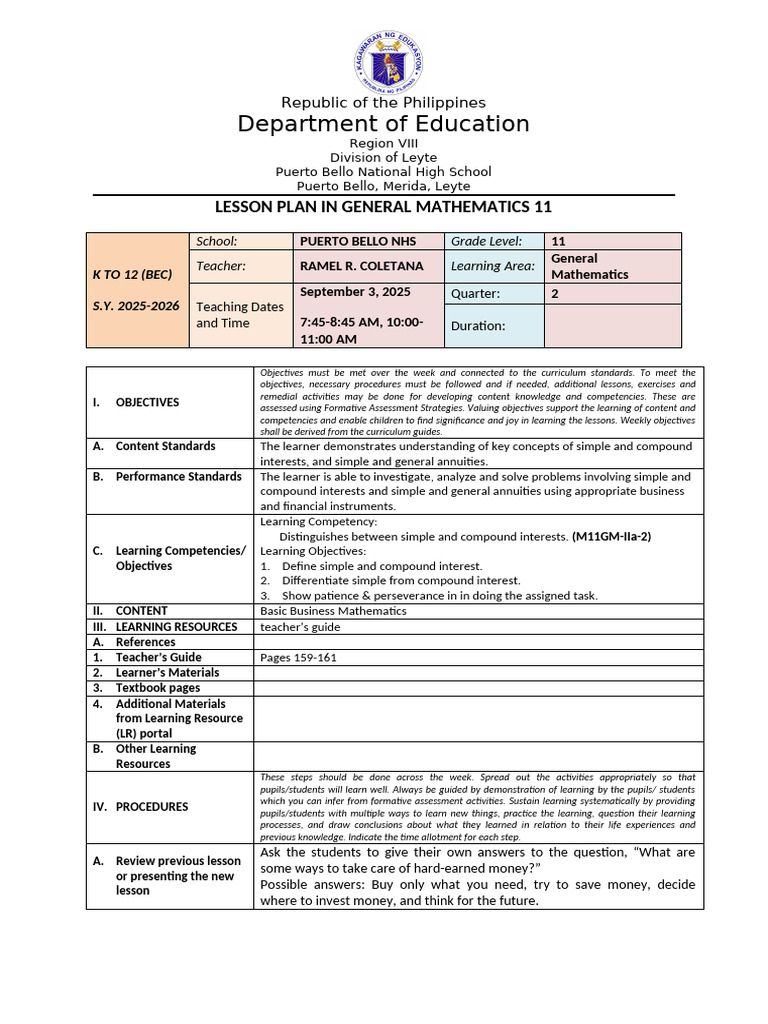 General Mathematics 11 Lesson Plan | PDF | Learning | Teachers