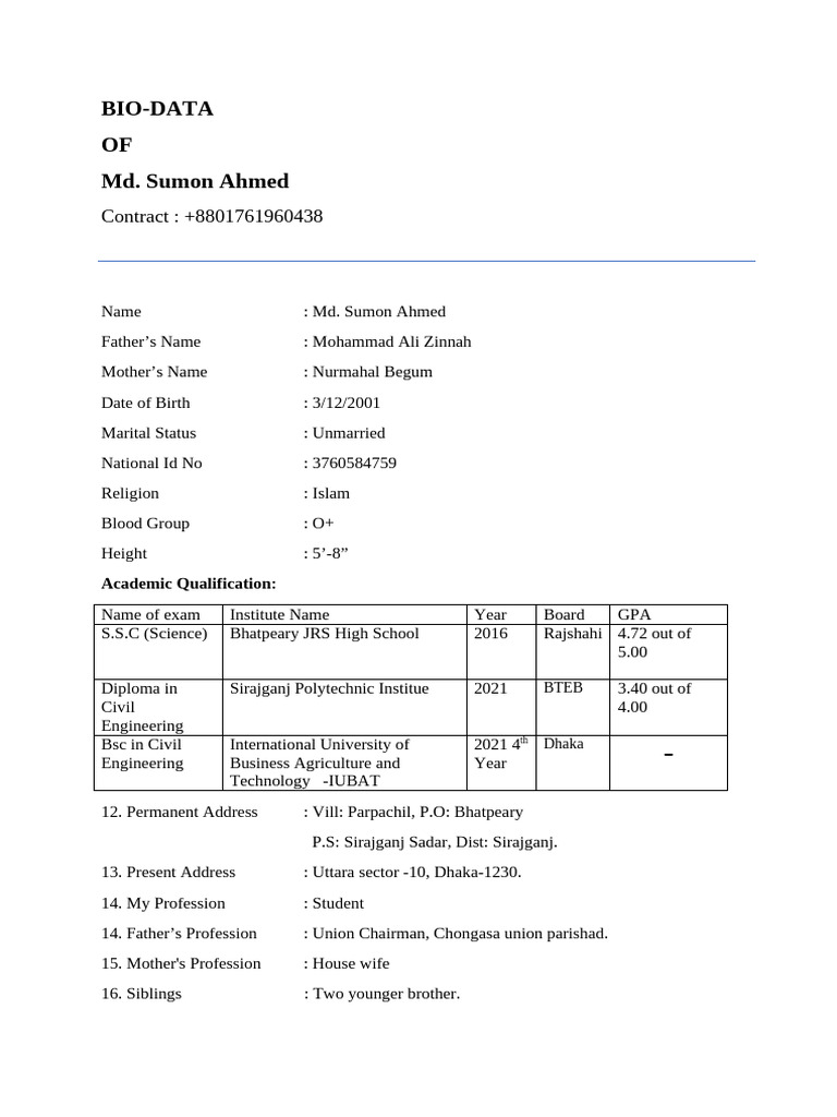 BIO-DATA of Sumon | PDF
