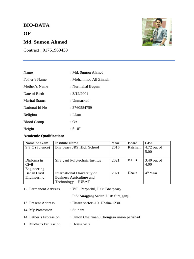 Md. Sumon Ahmed Bio-Data Summary | PDF