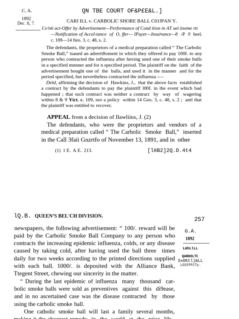 Carlill v Carbolic Smoke Ball Co Case | PDF