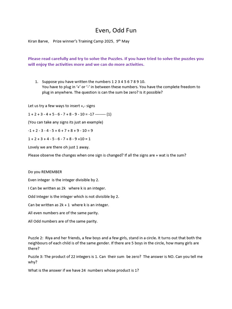 Even and Odd Number Puzzles | PDF