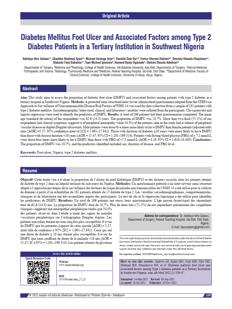 Diabetic Foot Ulcer Factors in Nigeria | PDF | Diabetes | Clinical Medicine