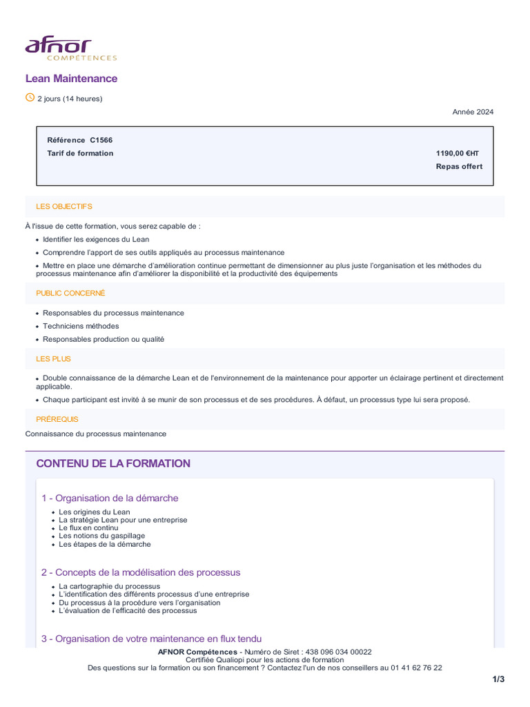 Formation Lean Maintenance 2024 | PDF | Lean (production) | Business