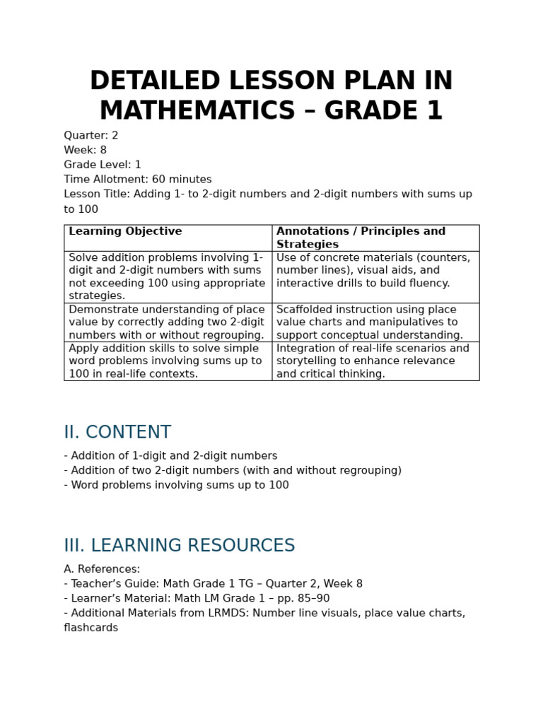 Grade 1 Math Lesson: Adding Numbers | PDF | Learning | Lesson Plan