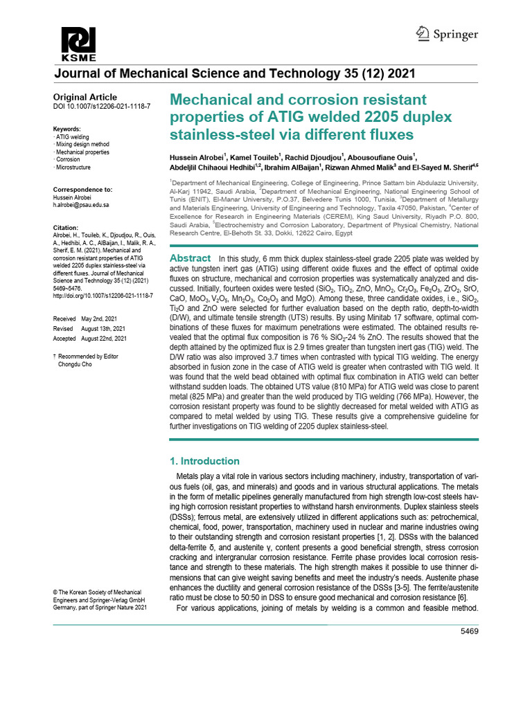 Mechanical and Corrosion Resistant Properties of ATIG Welded 2205 ...
