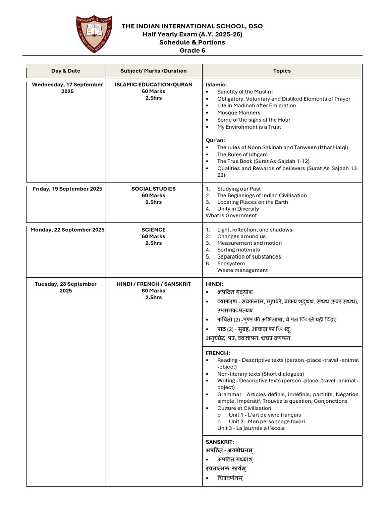 Grade 6 Half Yearly Exam Schedule 2025 | PDF | Arabic | Adjective