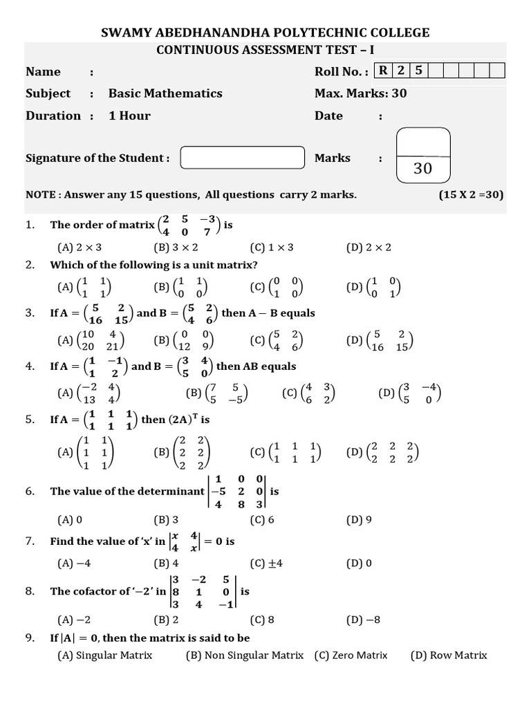 Basic Mathematics Assessment Test | PDF | Algebra | Linear Algebra