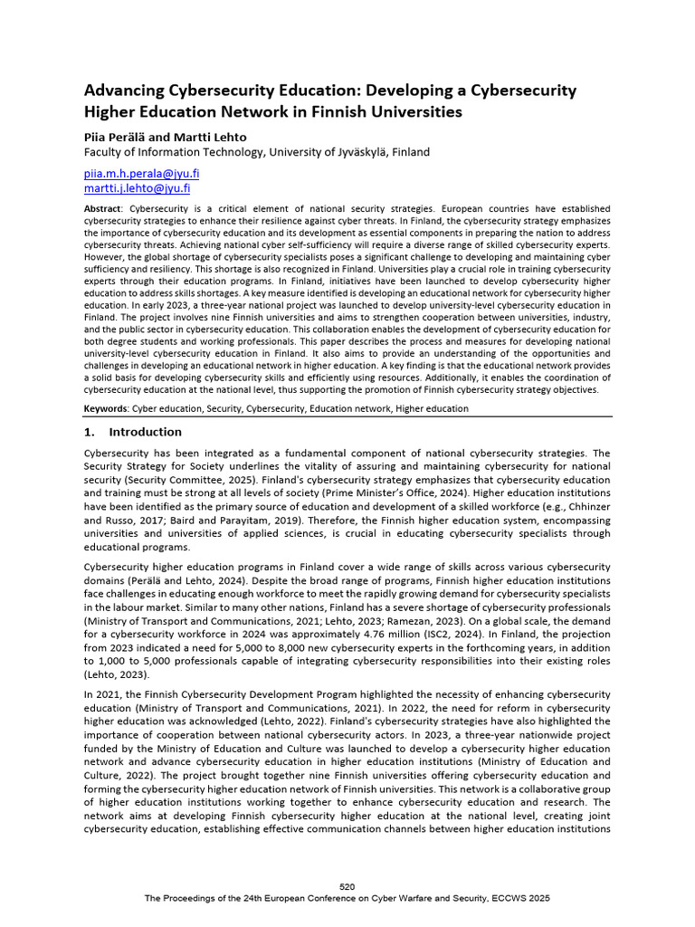 Cybersecurity Education Network in Finland | PDF | Computer Security ...