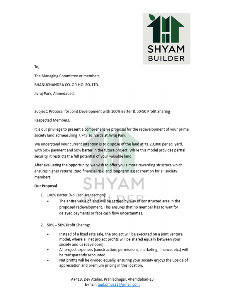 Joint Development Proposal for Jivraj Park | PDF | Private Sector ...