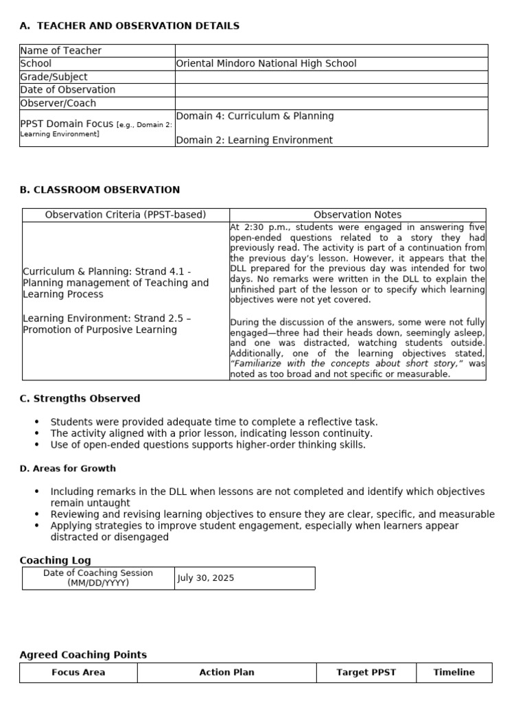 Classroom Observation and Coaching Insights | PDF | Learning | Teachers