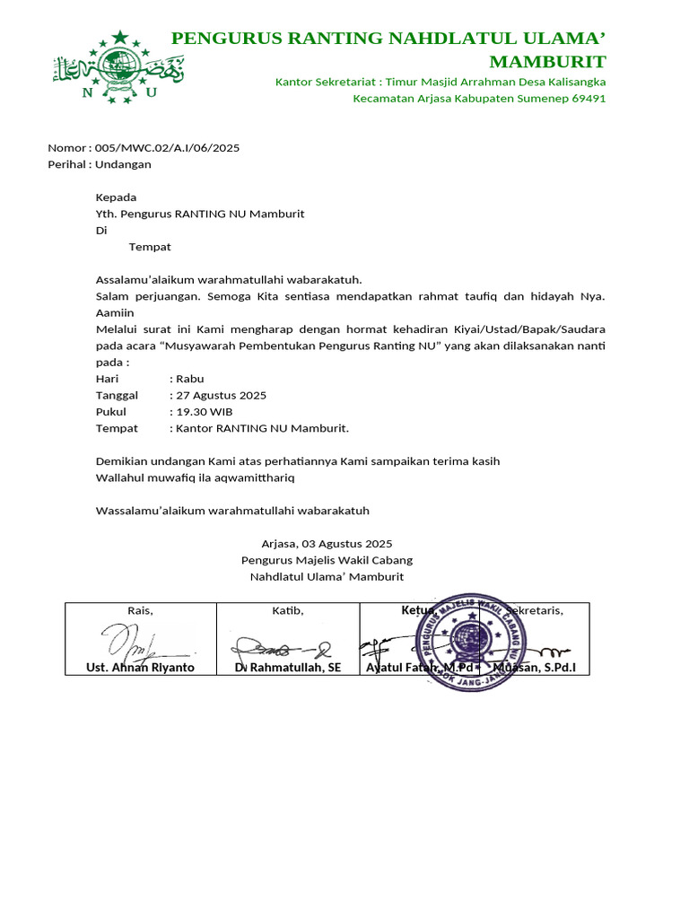 Undangan Musyawarah Ranting NU Mamburit | PDF