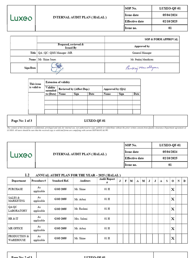 LUXEO-QF-01H - Internal Audit Plan Filled | PDF | Audit | Business Process
