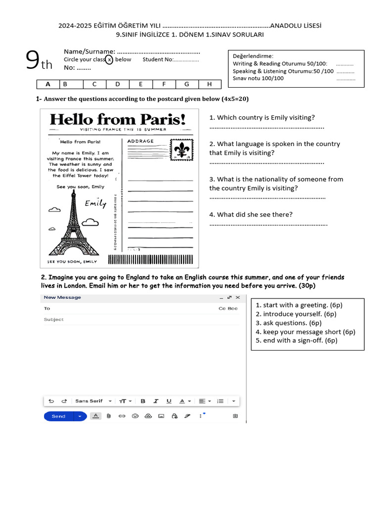 9th Grade English Exam Questions 2024-2025 | PDF | Physical Geography ...
