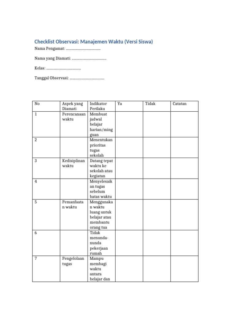 Checklist Observasi Manajemen Waktu Siswa Ber Garis | PDF