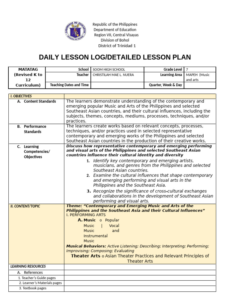 q1 Lesson Plan For Music and Art 7 | PDF | The Arts | Narrative