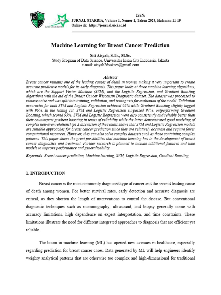 Machine Learning in Breast Cancer Prediction | PDF | Support Vector ...